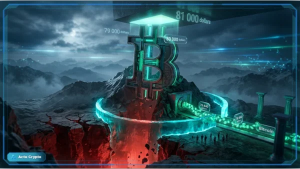 Graphique d'analyse technique du cours Bitcoin montrant une consolidation sous 79 000 dollars.