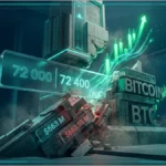 Représentation 3D du Bitcoin franchissant une résistance technique majeure.