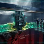 Représentation 3D du cours Bitcoin hésitant sur un sol de trading sombre.