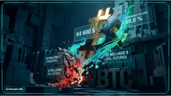Symbole Bitcoin lumineux brisant un sol sombre, illustrant la hausse du cours.