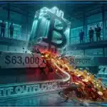 Un Bitcoin physique sur une plateforme fissurée symbolisant la baisse du cours.