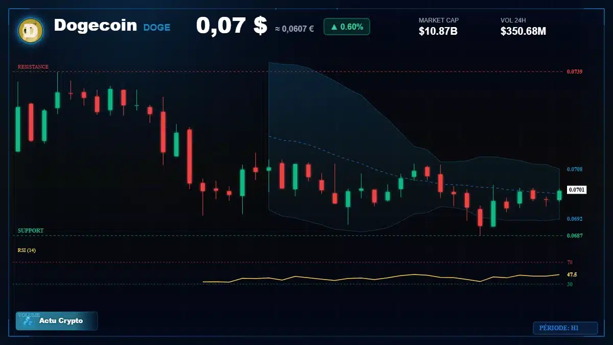 Graphique du cours Dogecoin à 0.07 $ Analyse technique du cours de Dogecoin de dogecoin à 0.07 $ aujourd'hui