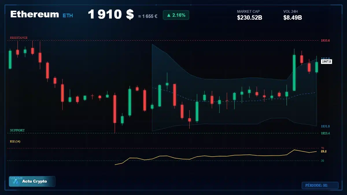 Graphique du cours Ethereum à 1910 $ Analyse technique du cours de Ethereum de ethereum à 1910 $ aujourd'hui