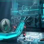 Représentation 3D du logo Ethereum en hausse au-dessus d'un graphique financier.