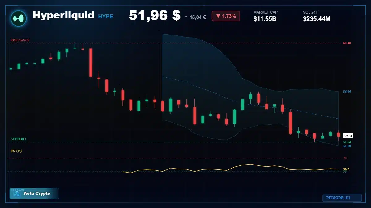 Graphique du cours Hyperliquid à 51.96 $ Analyse technique du cours de Hyperliquid de hyperliquid à 51.96 $ aujourd'hui