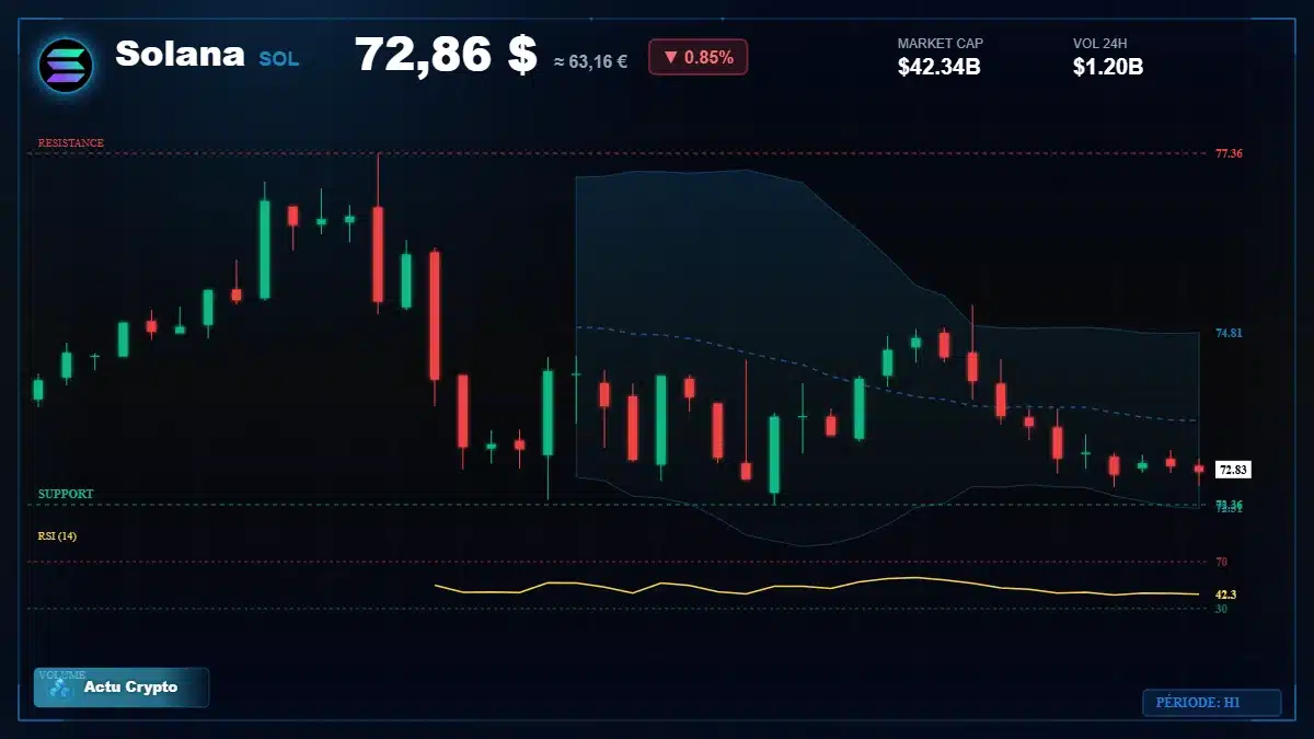 Graphique du cours Solana à 72.86 $ Analyse technique du cours de Solana de solana à 72.86 $ aujourd'hui