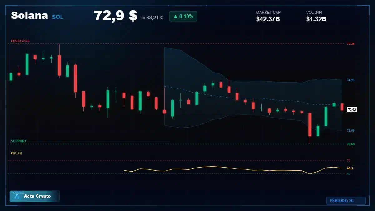 Graphique du cours Solana à 72.90 $ Analyse technique du cours de Solana de solana à 72.90 $ aujourd'hui