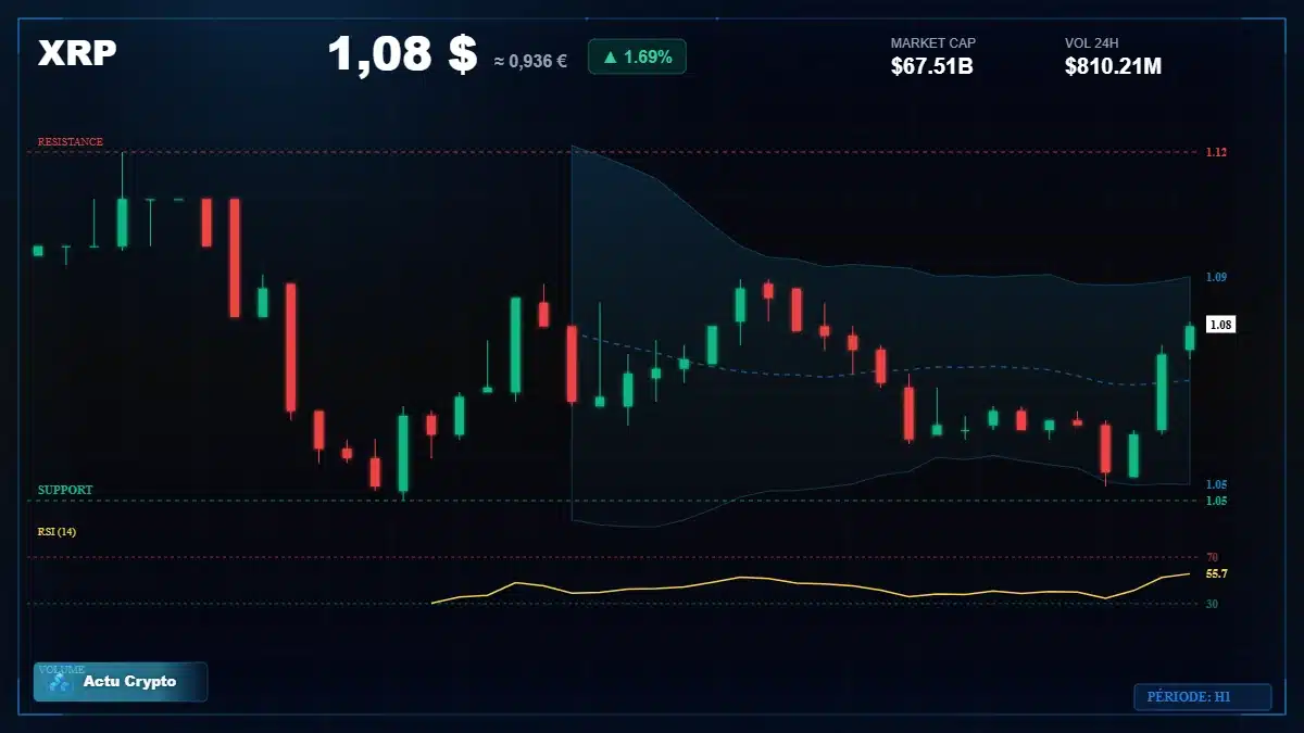 Graphique du cours XRP à 1.08 $ Analyse technique du cours de XRP de ripple à 1.08 $ aujourd'hui