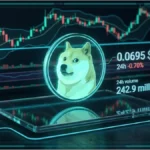 Graphique d'analyse technique du Dogecoin montrant le prix à 0,0695 $ et la baisse des volumes.