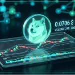 Représentation 3D du logo Dogecoin sur un graphique financier analysant le prix et les volumes de la cryptomonnaie.