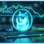 Graphique de trading 3D affichant le logo Dogecoin, le prix de 0.0690 dollars et des indicateurs techniques de marché.