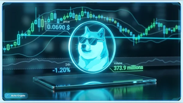 Graphique de trading 3D affichant le logo Dogecoin, le prix de 0.0690 dollars et des indicateurs techniques de marché.