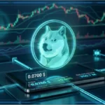 Graphique d'analyse technique du Dogecoin affichant le prix de 0,0700 $ et les niveaux de support sur une interface de trading 3D.