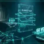 Illustration 3D hyperréaliste d'un actif crypto monumental devant le Sénat américain avec le chiffre 60 en verre, symbolisant le vote du CLARITY Act.