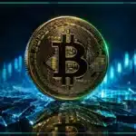 Structure vitrée fissurée sous un Bitcoin géant, tension sur le marché crypto
