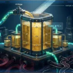 Un coffre-fort institutionnel illuminé par un symbole Bitcoin doré, représentant les flux ETF.
