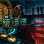 Graphique financier montrant les flux des ETF Bitcoin et le cours du BTC.