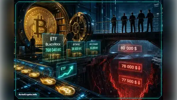 Graphique financier montrant les flux des ETF Bitcoin et le cours du BTC.