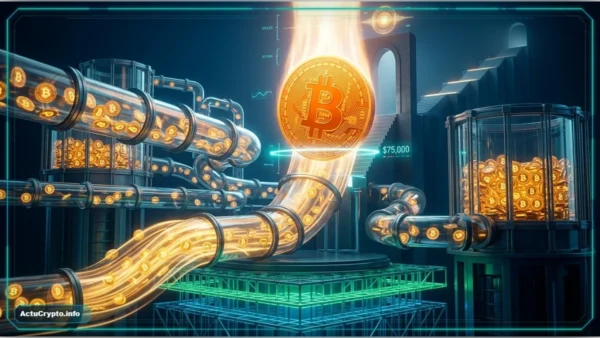 Graphique illustrant les 103 millions de dollars de flux entrants dans les ETF Bitcoin et le BTC a 75 000 dollars