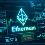 Logo Ethereum en 3D avec graphique de trading affichant le prix de 1857 dollars