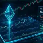 Analyse technique Ethereum avec logo 3D, graphique de marché, prix 2440 $, volume 15,4 milliards et variation -1,61 %