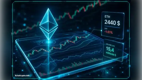 Analyse technique Ethereum avec logo 3D, graphique de marché, prix 2440 $, volume 15,4 milliards et variation -1,61 %
