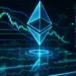 Représentation 3D d'une analyse de marché Ethereum avec graphique en chandeliers et données de prix.