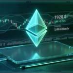 Représentation 3D du logo Ethereum sur un graphique financier affichant le prix de 1920 dollars.