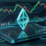 Graphique de trading 3D affichant le prix d'Ethereum face à sa résistance technique.