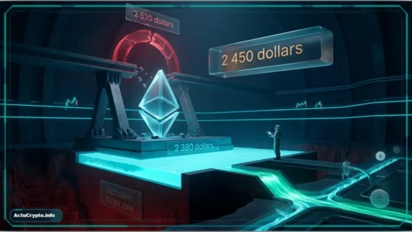 Symbole Ethereum lumineux sur une plateforme numérique fissurée.