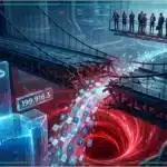 Représentation 3D d'un pont blockchain avec une alerte de sécurité rouge.