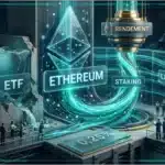 Un coffre-fort institutionnel protégeant le logo Ethereum, symbolisant le staking par Fidelity.