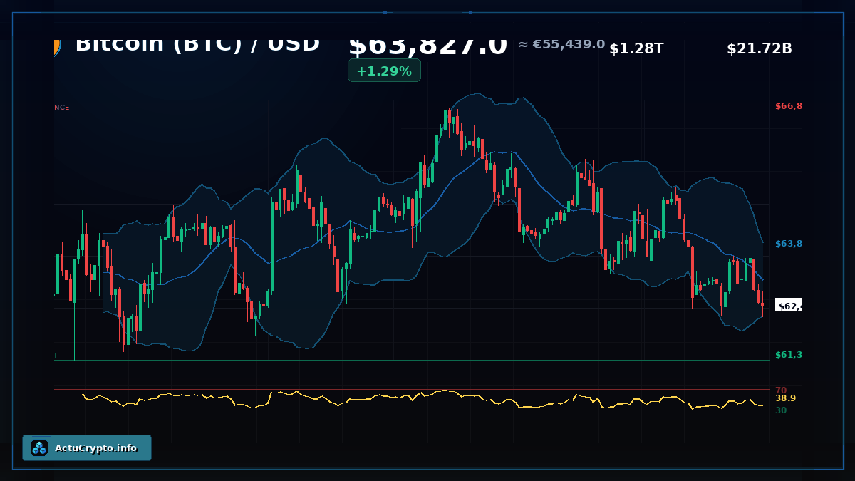 Analyse technique de Bitcoin avec chandeliers, Bollinger, RSI et volume