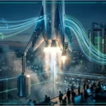 Graphique boursier superposé à une fusée SpaceX en plein décollage.