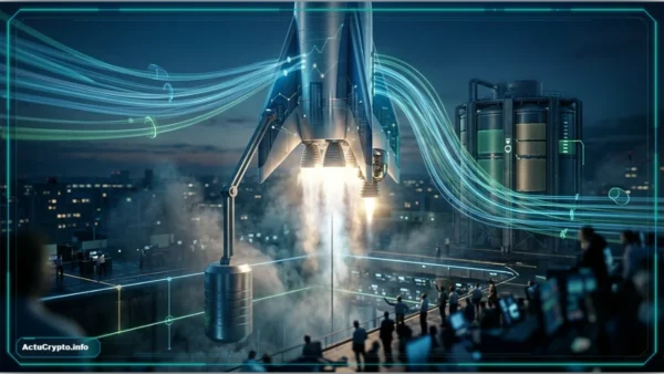 Graphique boursier superposé à une fusée SpaceX en plein décollage.