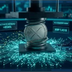 Jeton XRP lumineux au-dessus d'une plateforme numérique fissurée.