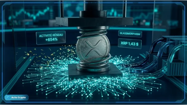 Jeton XRP lumineux au-dessus d'une plateforme numérique fissurée.