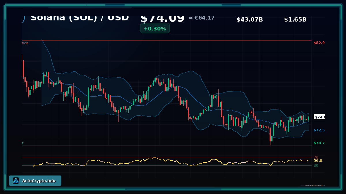 Analyse technique de Solana avec chandeliers, Bollinger, RSI et volume