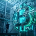 Bâtiment institutionnel entouré de flux de données numériques représentant la régulation crypto.