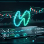 Graphique technique et symbole 3D du token Hyperliquid affichant un prix autour de 57 dollars.