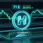 Graphique de trading 3D affichant le logo Hyperliquid, un prix de 71 dollars et des indicateurs de volume en forte hausse.