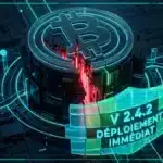 Représentation 3D d'une faille de sécurité sur BTCPay Server avec un jeton Bitcoin monumental et des flux de données cyan.
