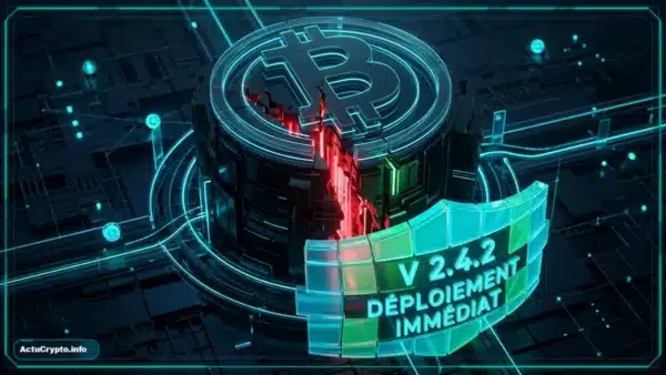 Représentation 3D d'une faille de sécurité sur BTCPay Server avec un jeton Bitcoin monumental et des flux de données cyan.