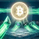 Représentation du marché crypto avec Bitcoin et des altcoins en hausse.