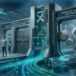 Représentation numérique d'un réseau blockchain connectant des institutions financières.