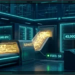 Coffre-fort numérique sécurisant des bitcoins avec un éclairage bleu et cyan.