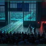 Drapeau européen numérique au-dessus d'un bâtiment institutionnel.