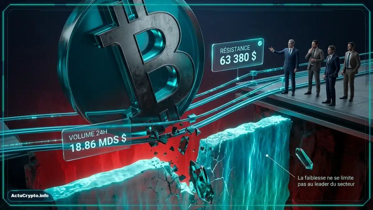 Illustration 3D cinématique du Bitcoin face à un gouffre rouge symbolisant la chute vers 63 380 dollars avec des indicateurs de fragilité et des volumes en baisse.
