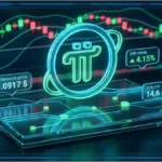 Représentation 3D d'une analyse technique sur Pi Network montrant le prix et la hausse des volumes