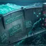 Jeton numérique USD1 sur un serveur informatique éclairé en bleu et cyan.